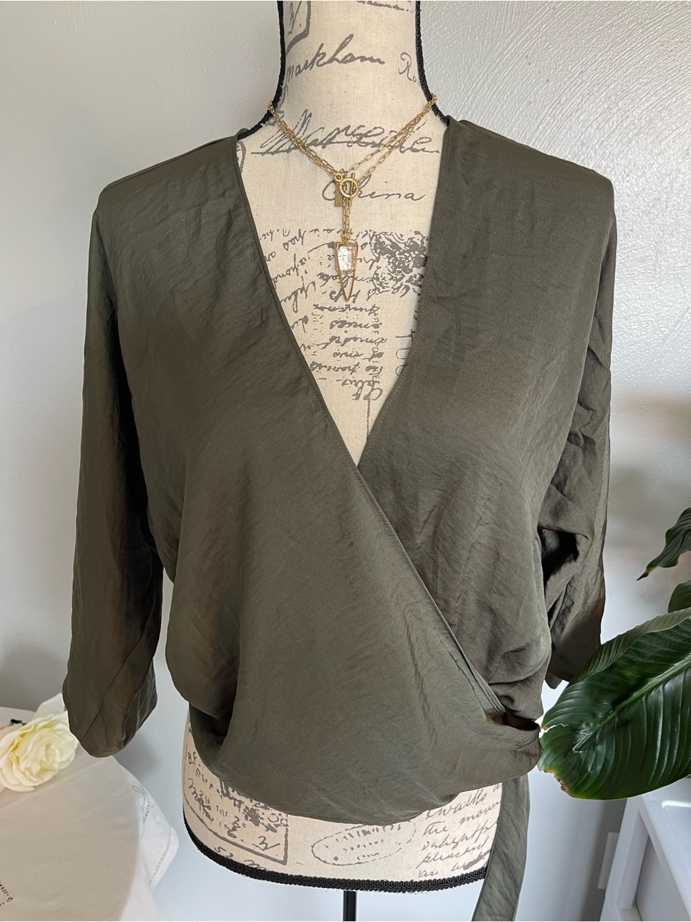 Express Olive Faux Wrap Tie Waist Blouse Small NWT Long Sleeve Top